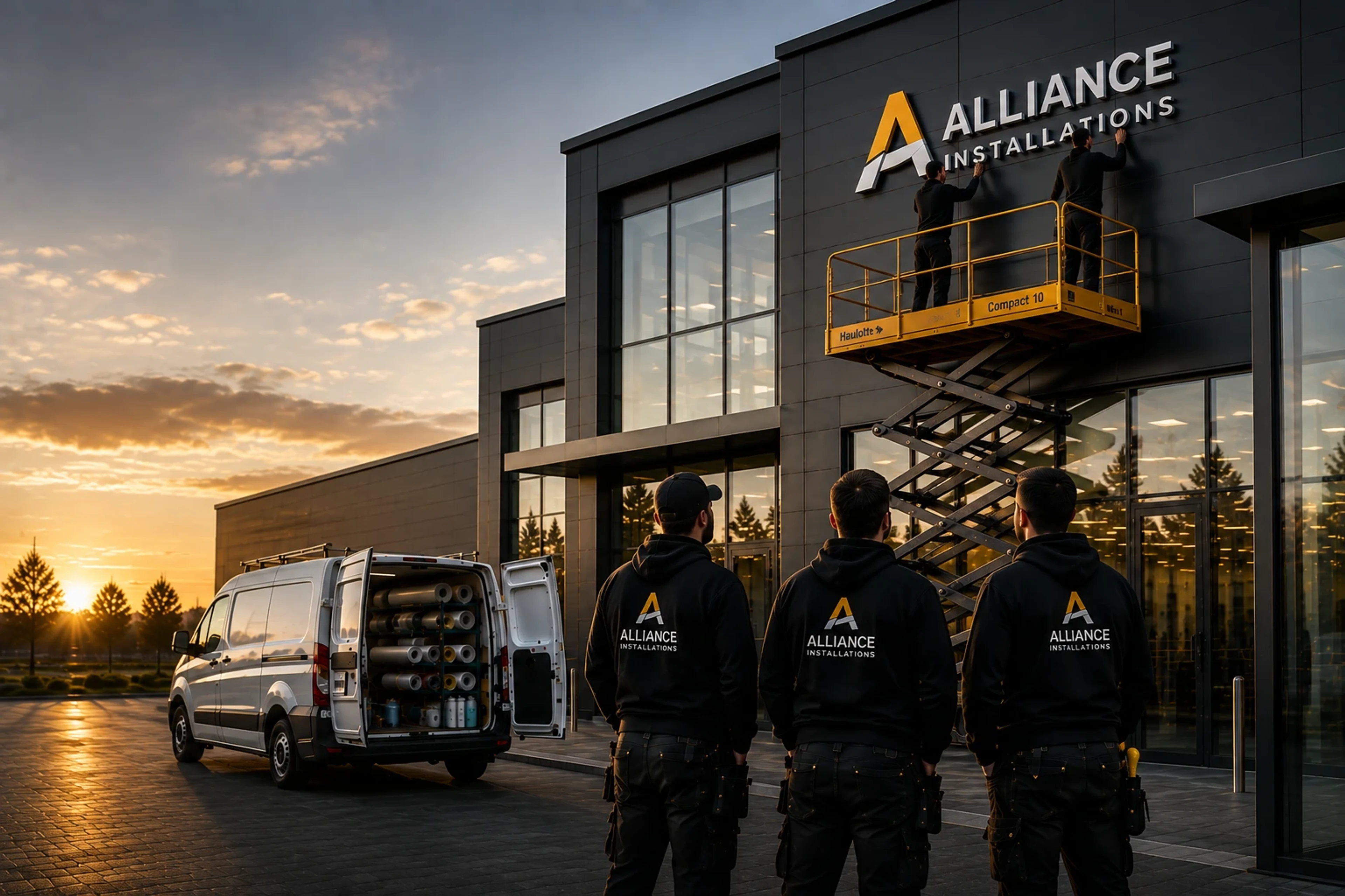 Alliance Installations team completing a signage installation on site at sunset